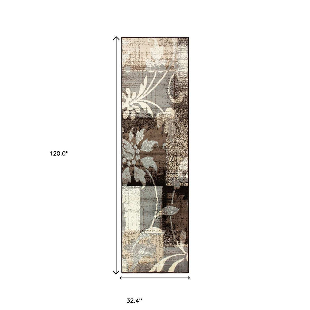 10' Beige And Gray Floral Power Loom Distressed Stain Resistant Runner Rug - Homeroots - Flyclothing LLC