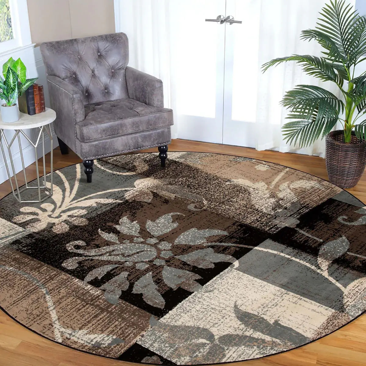 5' Beige And Black Round Floral Power Loom Distressed Area Rug - Homeroots - Flyclothing LLC