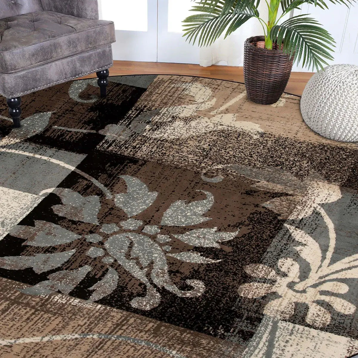 5' Beige And Black Round Floral Power Loom Distressed Area Rug - Homeroots - Flyclothing LLC