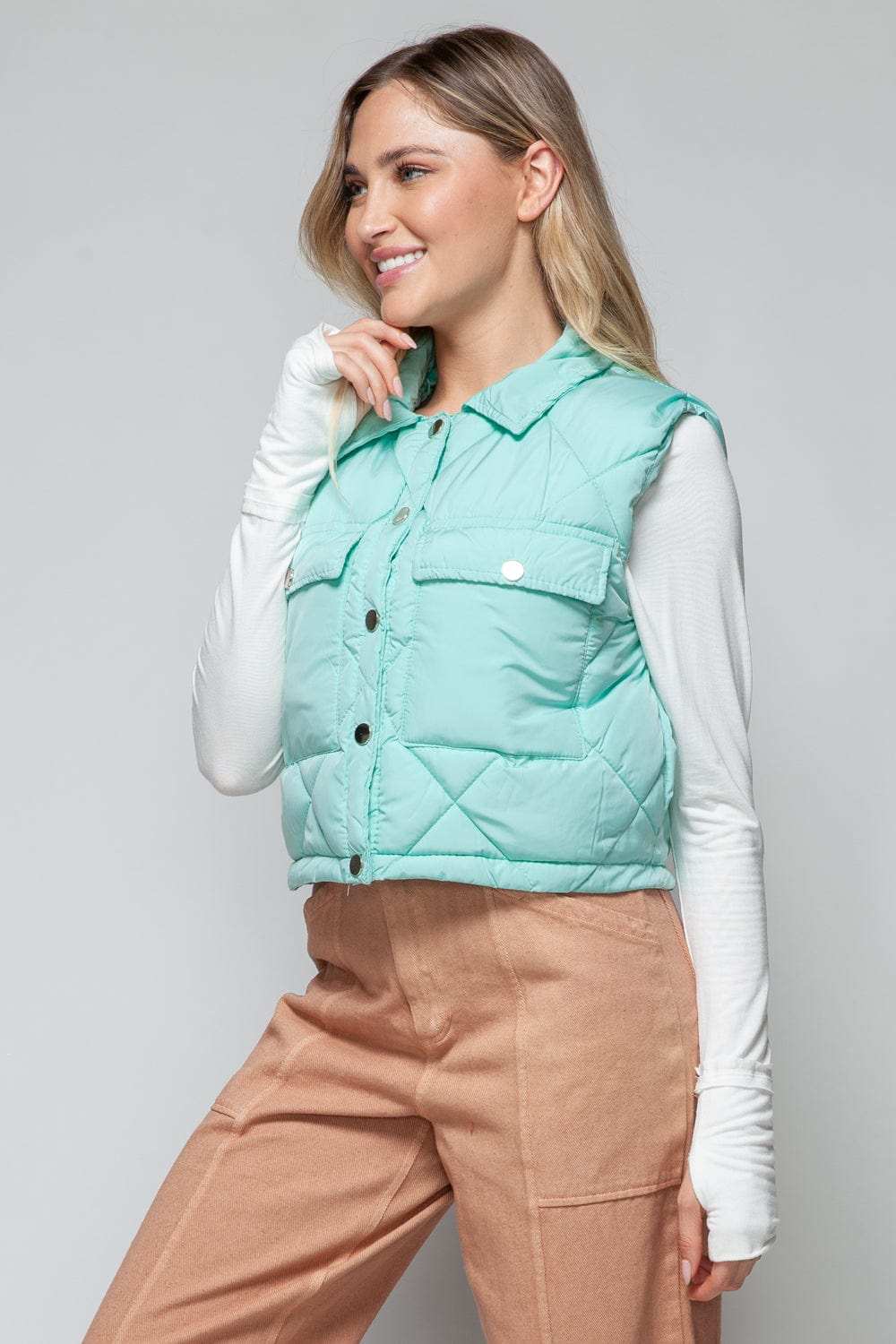 Snobbish Snap Down Quilted Crop Vest - Trendsi - Flyclothing LLC
