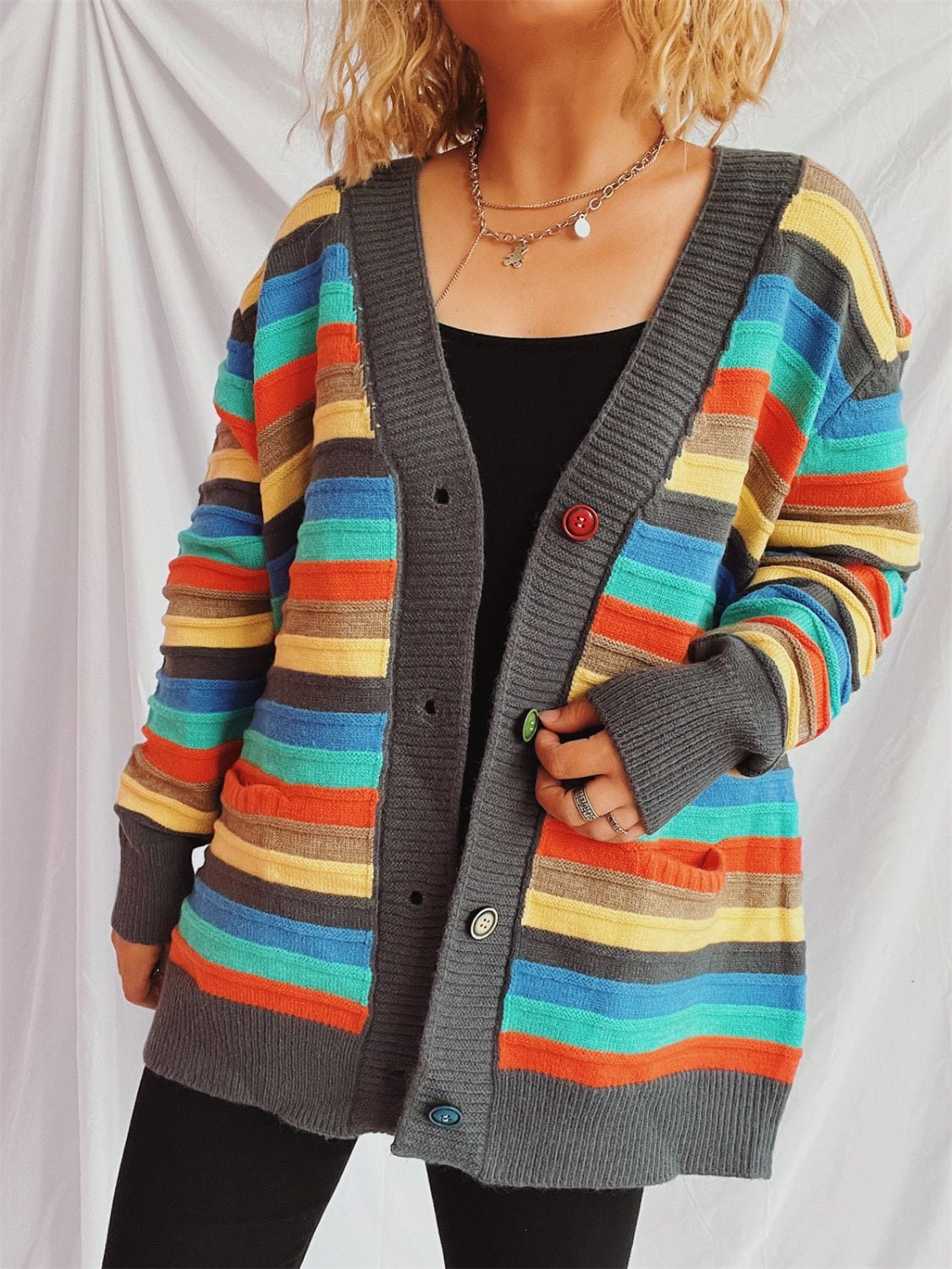 Contrast Stripes Button Up Long Sleeve Cardigan - Trendsi