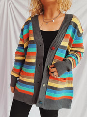Contrast Stripes Button Up Long Sleeve Cardigan - Trendsi