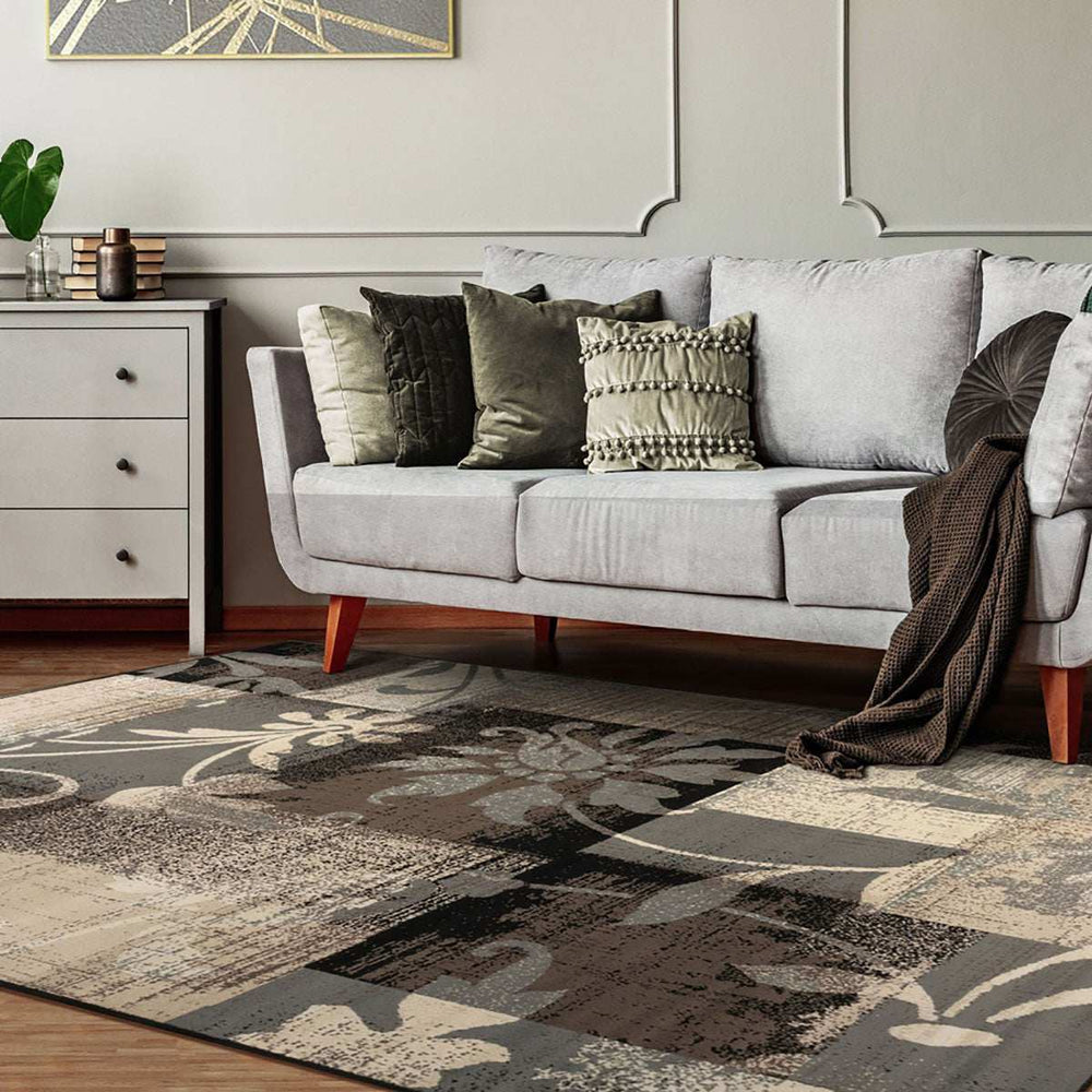 7' X 9' Beige And Gray Floral Power Loom Distressed Stain Resistant Area Rug - Homeroots - Flyclothing LLC