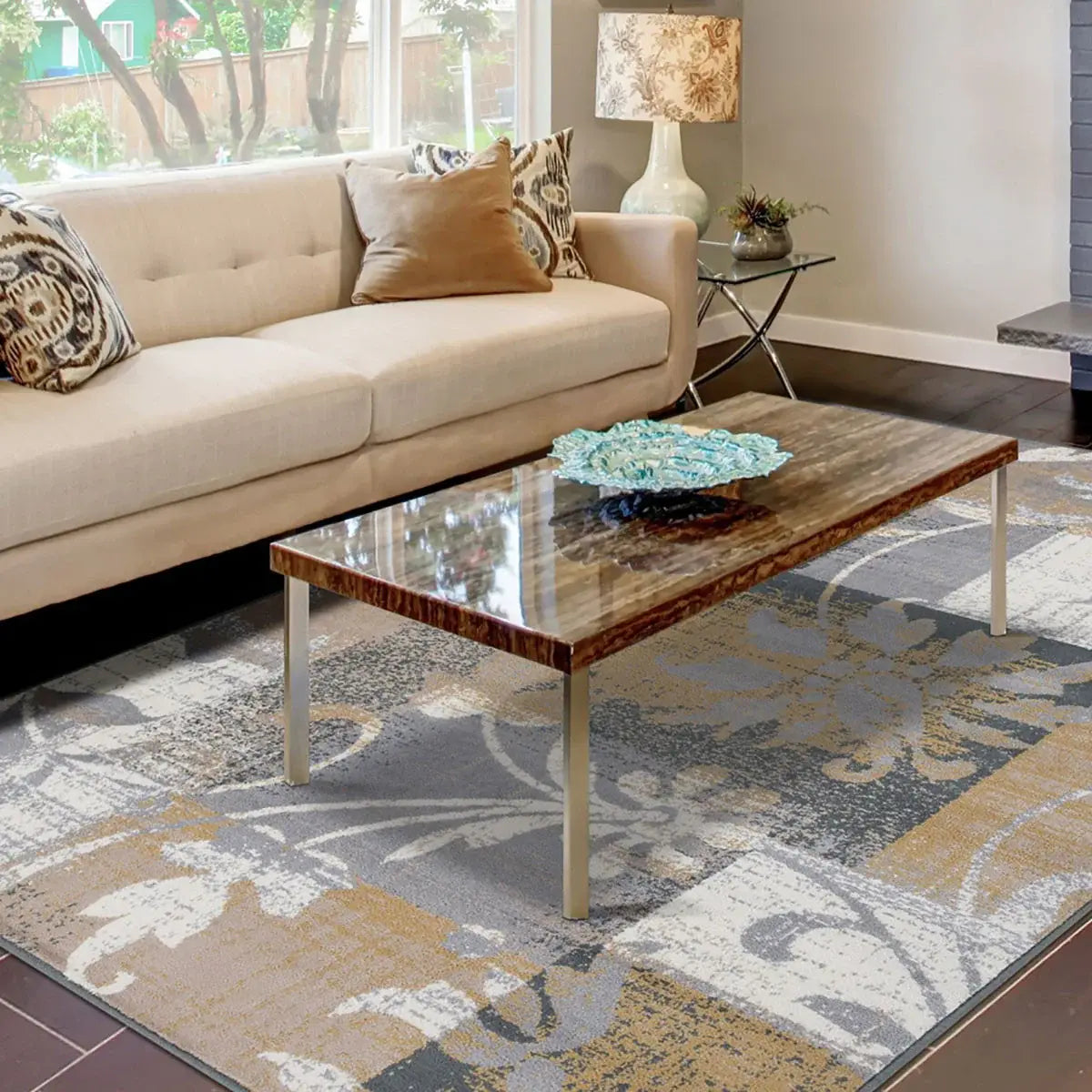 7' X 9' Beige And Gray Floral Power Loom Distressed Stain Resistant Area Rug - Homeroots - Flyclothing LLC