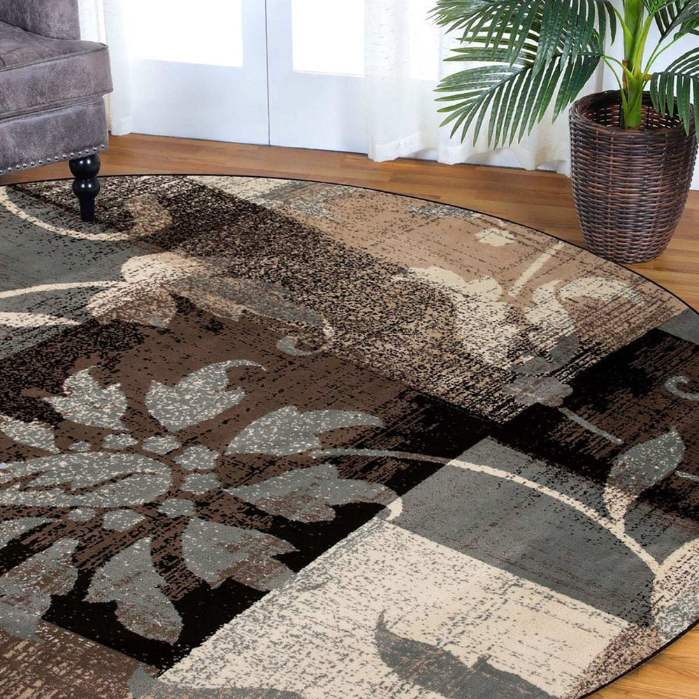 8' Beige Brown and Gray Floral Distressed Round Rug - Homeroots - Flyclothing LLC