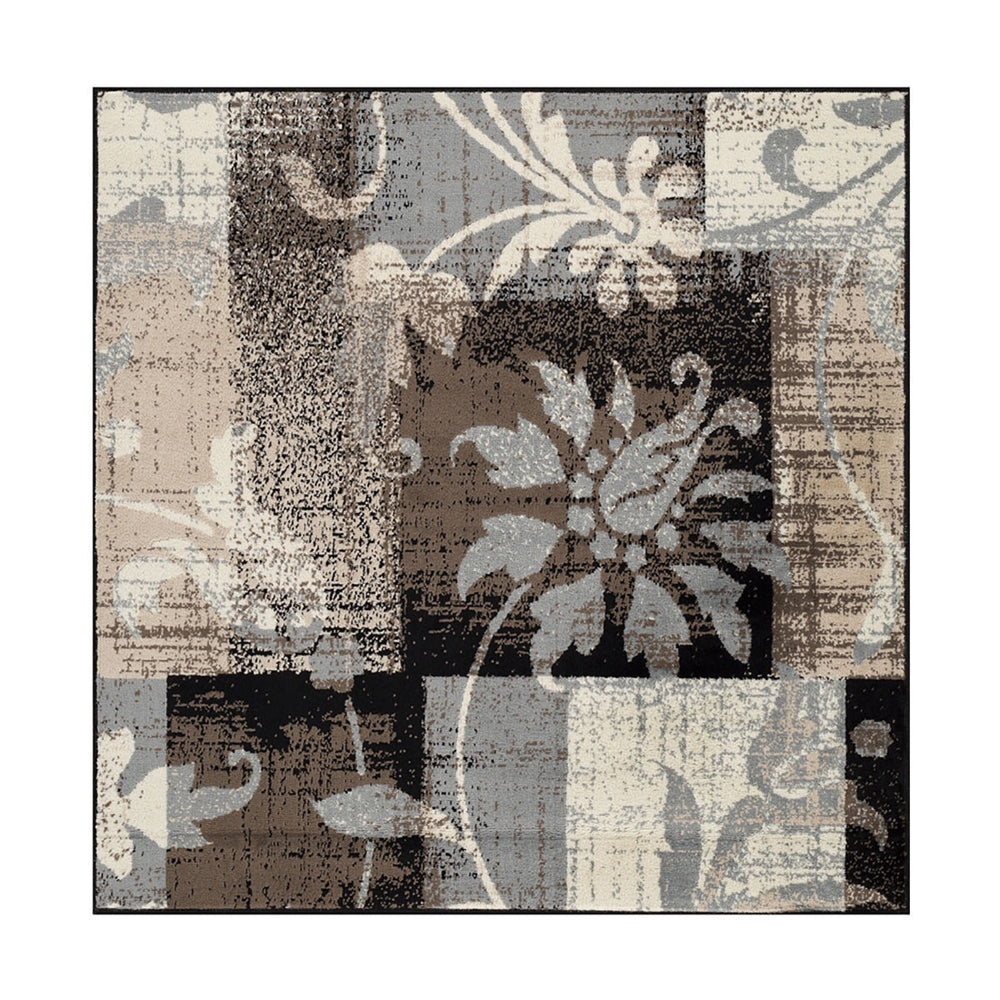 8' Square Beige And Gray Square Floral Power Loom Distressed Stain Resistant Area Rug - Homeroots
