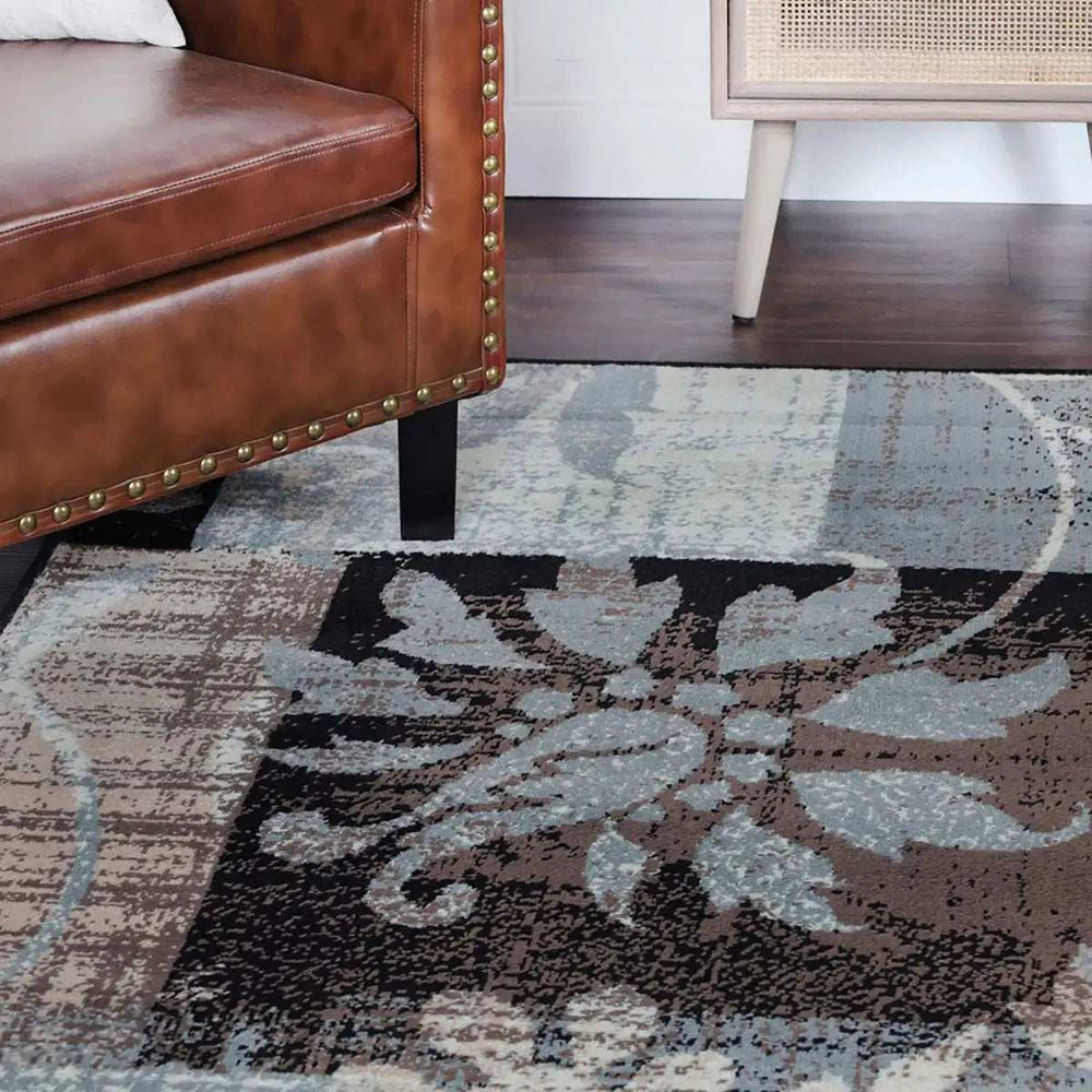 8' Square Beige And Gray Square Floral Power Loom Distressed Stain Resistant Area Rug - Homeroots - Flyclothing LLC