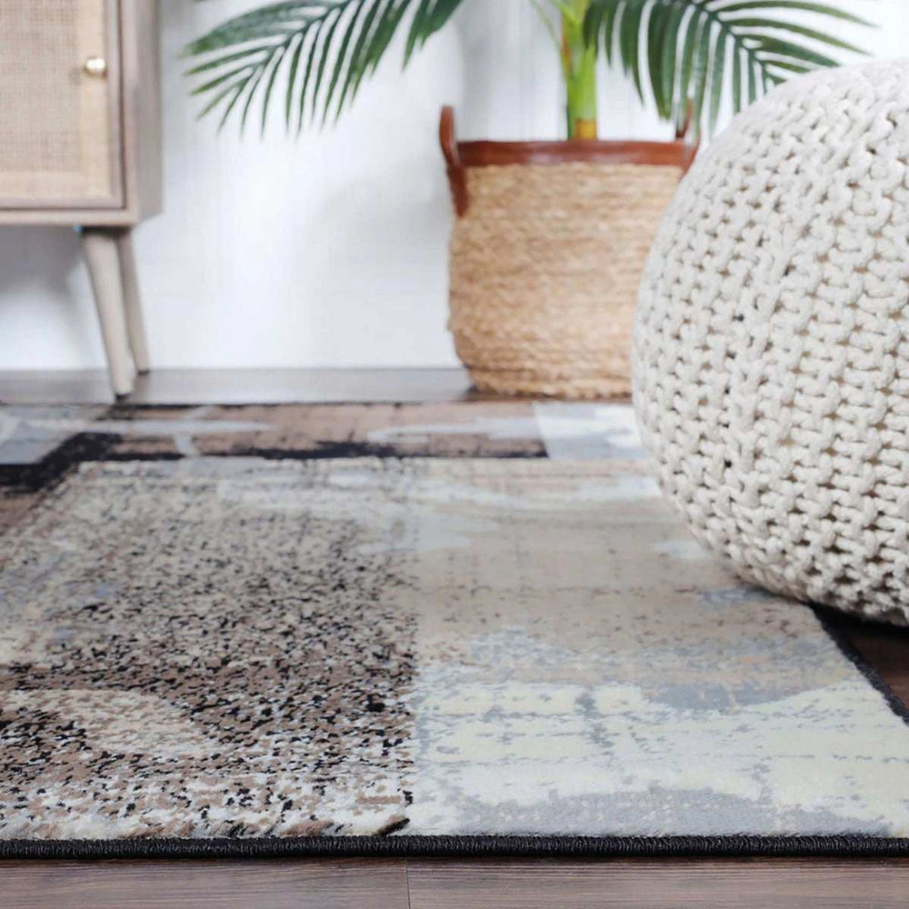 8' Square Beige And Gray Square Floral Power Loom Distressed Stain Resistant Area Rug - Homeroots - Flyclothing LLC