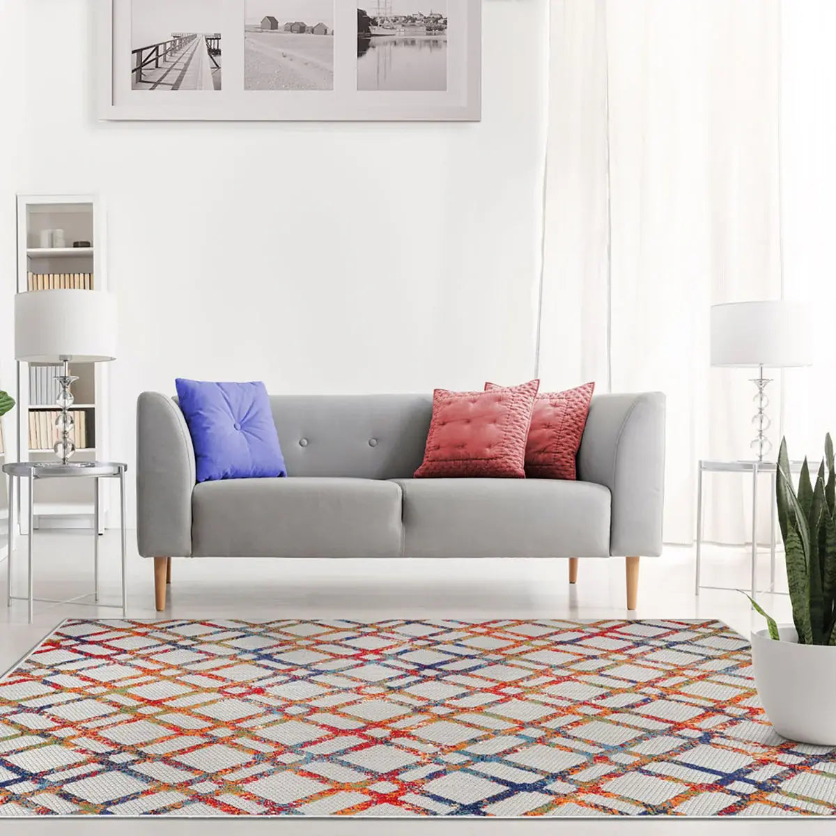 7' X 9' Cream Geometric Stain Resistant Non Skid Indoor Outdoor Area Rug - Homeroots - Flyclothing LLC