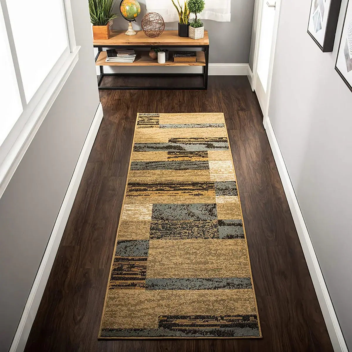 12' Brown Blue and Beige Patchwork Stain Resistant Runner Rug - Homeroots - Flyclothing LLC