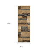 12' Brown Blue and Beige Patchwork Stain Resistant Runner Rug - Homeroots - Flyclothing LLC