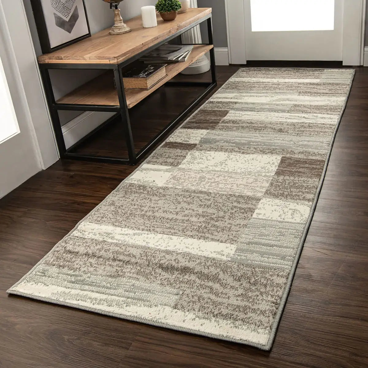 12' Light Blue and Ivory Patchwork Resistant Runner Rug - Homeroots - Flyclothing LLC