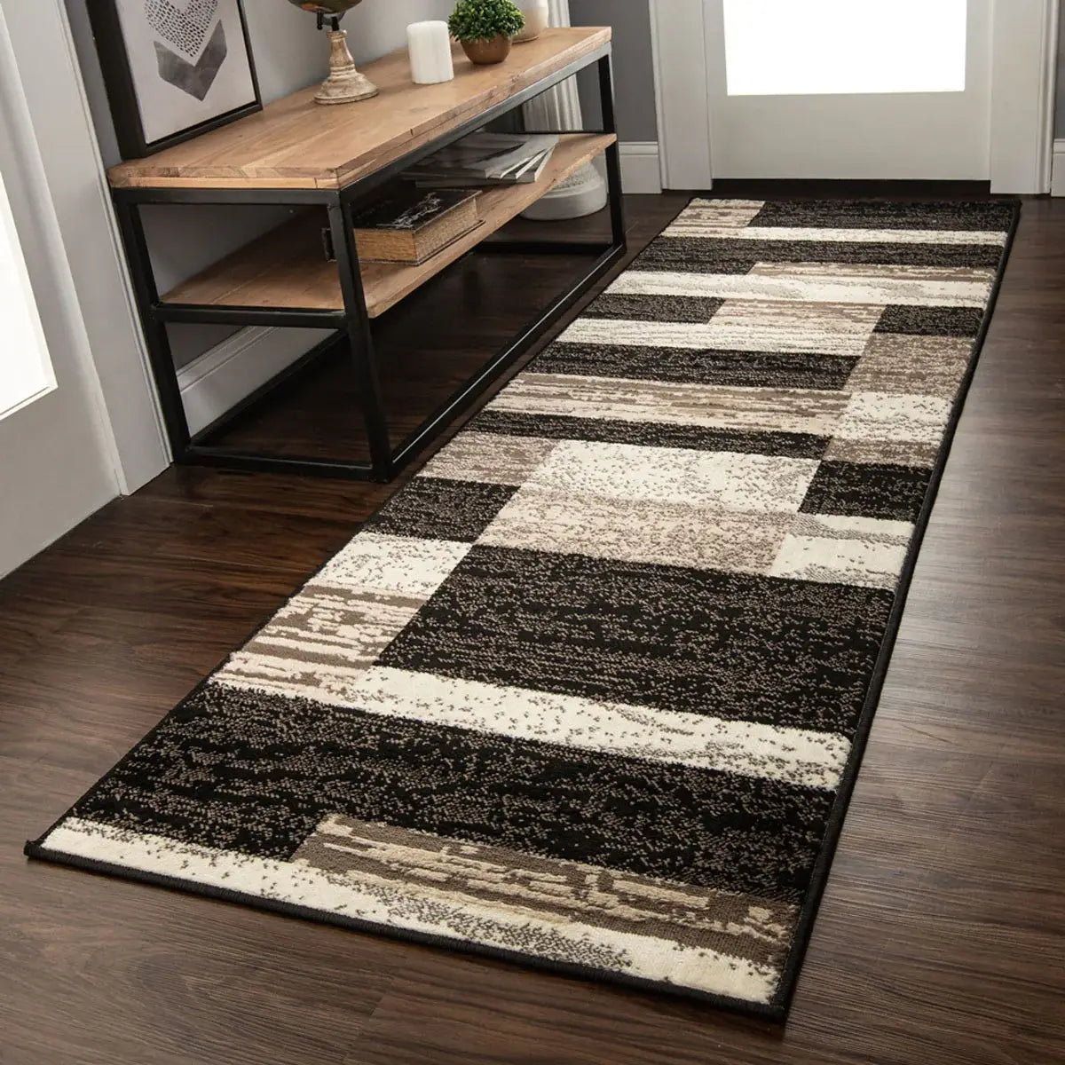 8' Chocolate Patchwork Power Loom Stain Resistant Runner Rug - Homeroots - Flyclothing LLC