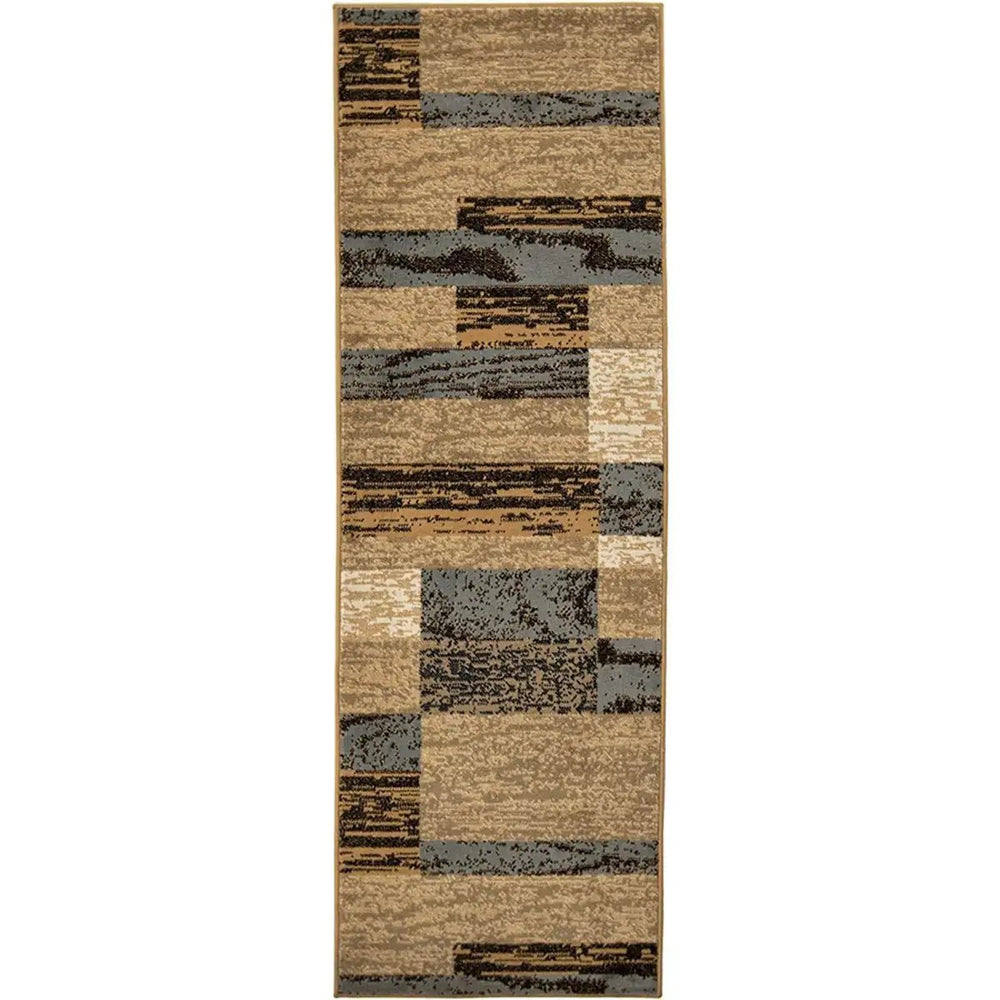 8' Light Blue And Beige Patchwork Power Loom Stain Resistant Runner Rug - Homeroots
