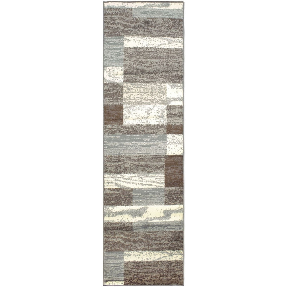8' Light Blue And Ivory Patchwork Power Loom Stain Resistant Runner Rug - Homeroots