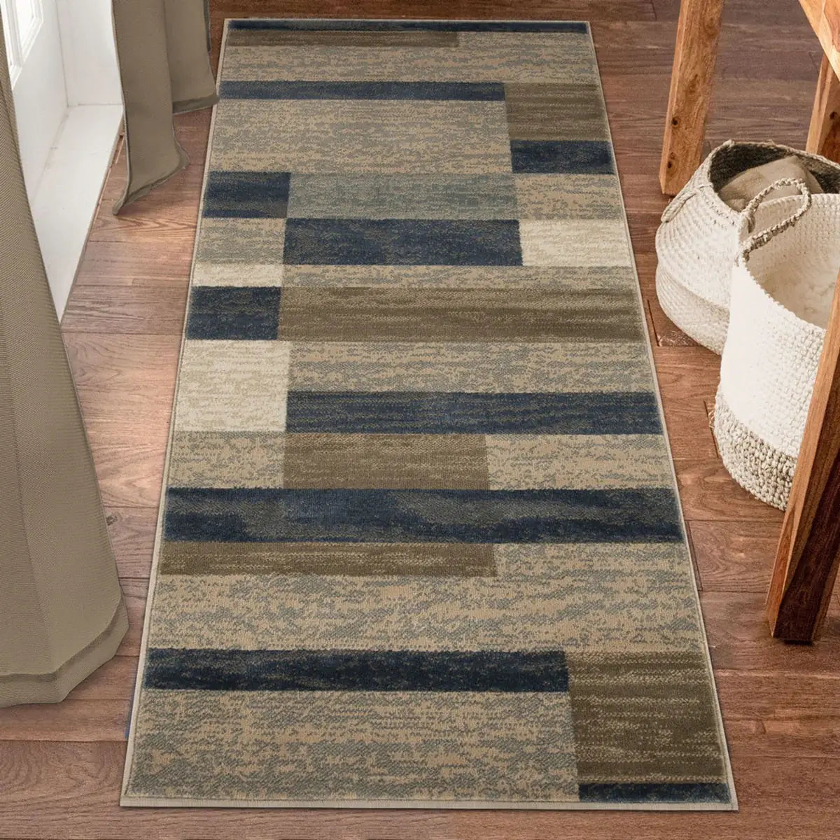 8' Midnight Navy Patchwork Power Loom Stain Resistant Runner Rug - Homeroots - Flyclothing LLC
