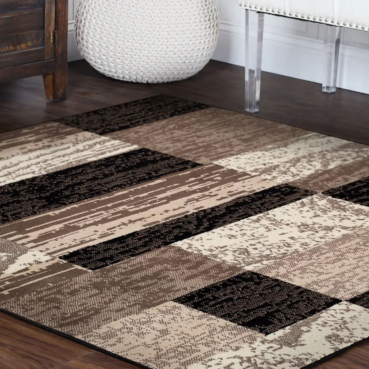 5' Square Chocolate Square Patchwork Power Loom Stain Resistant Area Rug - Homeroots - Flyclothing LLC