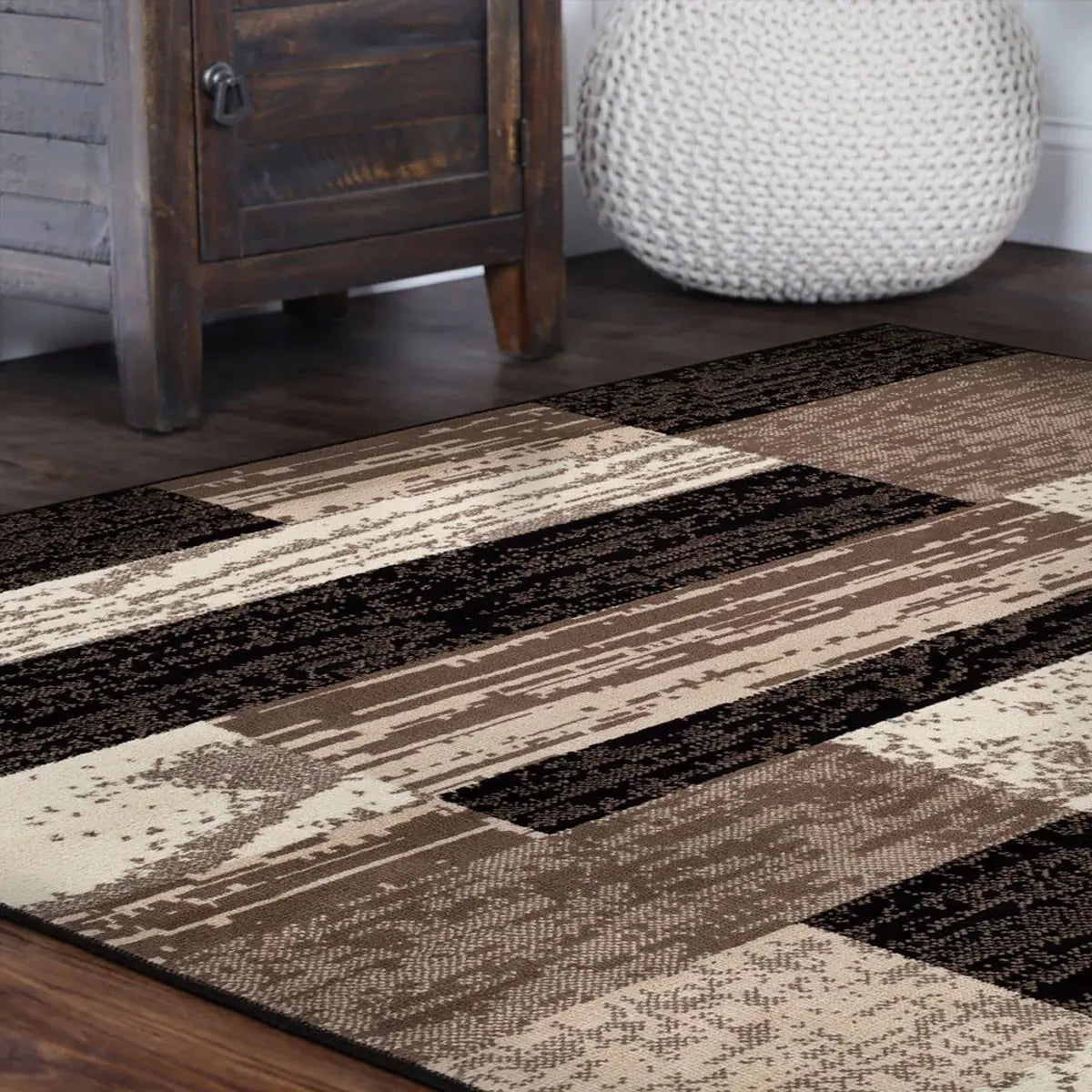 5' Square Chocolate Square Patchwork Power Loom Stain Resistant Area Rug - Homeroots - Flyclothing LLC