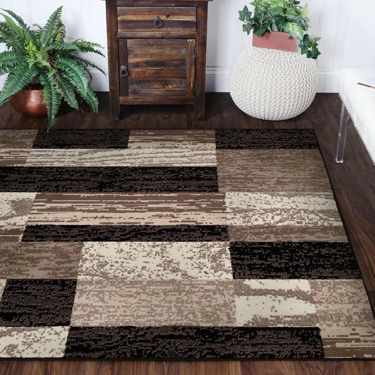 5' Square Chocolate Square Patchwork Power Loom Stain Resistant Area Rug - Homeroots - Flyclothing LLC