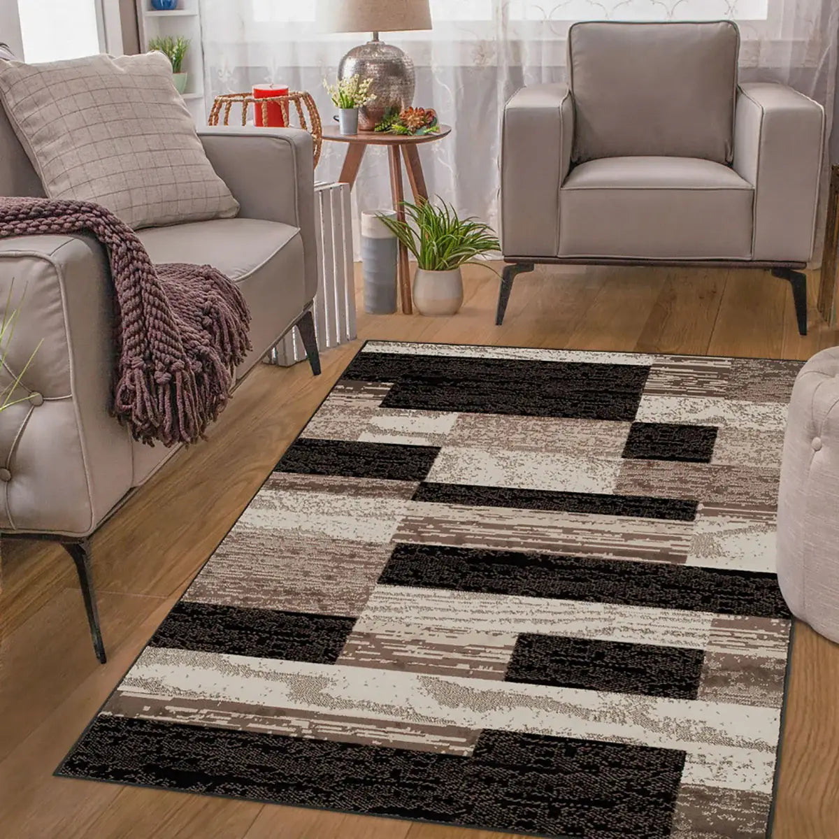 7' X 9' Chocolate Patchwork Power Loom Stain Resistant Area Rug - Homeroots - Flyclothing LLC