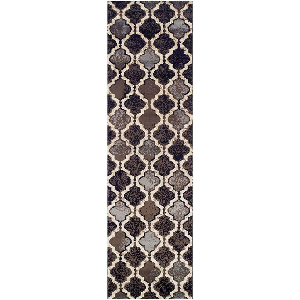 10' Chocolate Quatrefoil Power Loom Distressed Stain Resistant Runner Rug - Homeroots