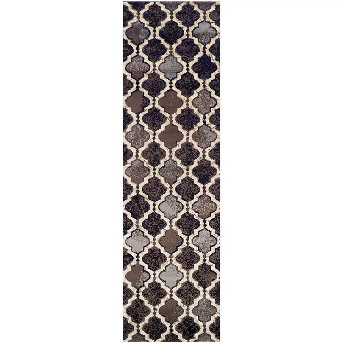 12' Chocolate Quatrefoil Power Loom Distressed Stain Resistant Runner Rug - Homeroots - Flyclothing LLC