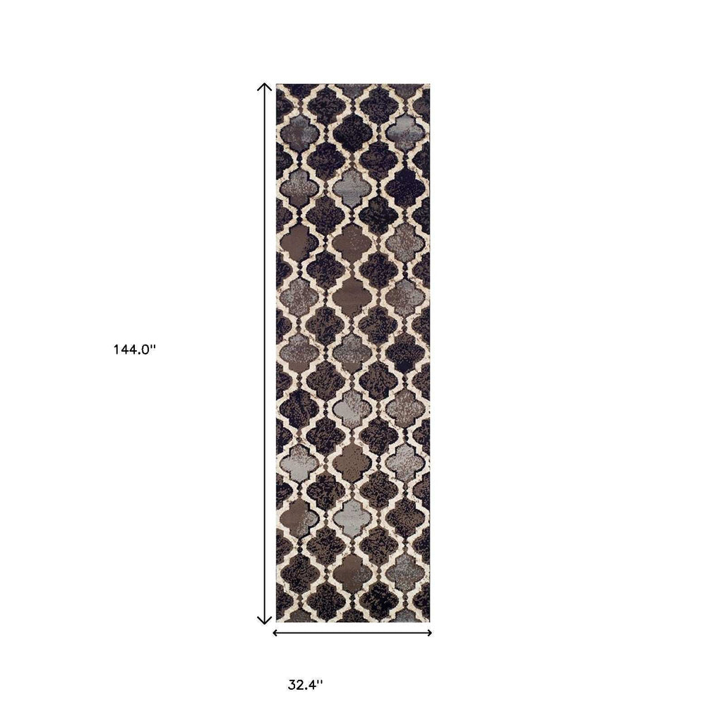 12' Chocolate Quatrefoil Power Loom Distressed Stain Resistant Runner Rug - Homeroots - Flyclothing LLC