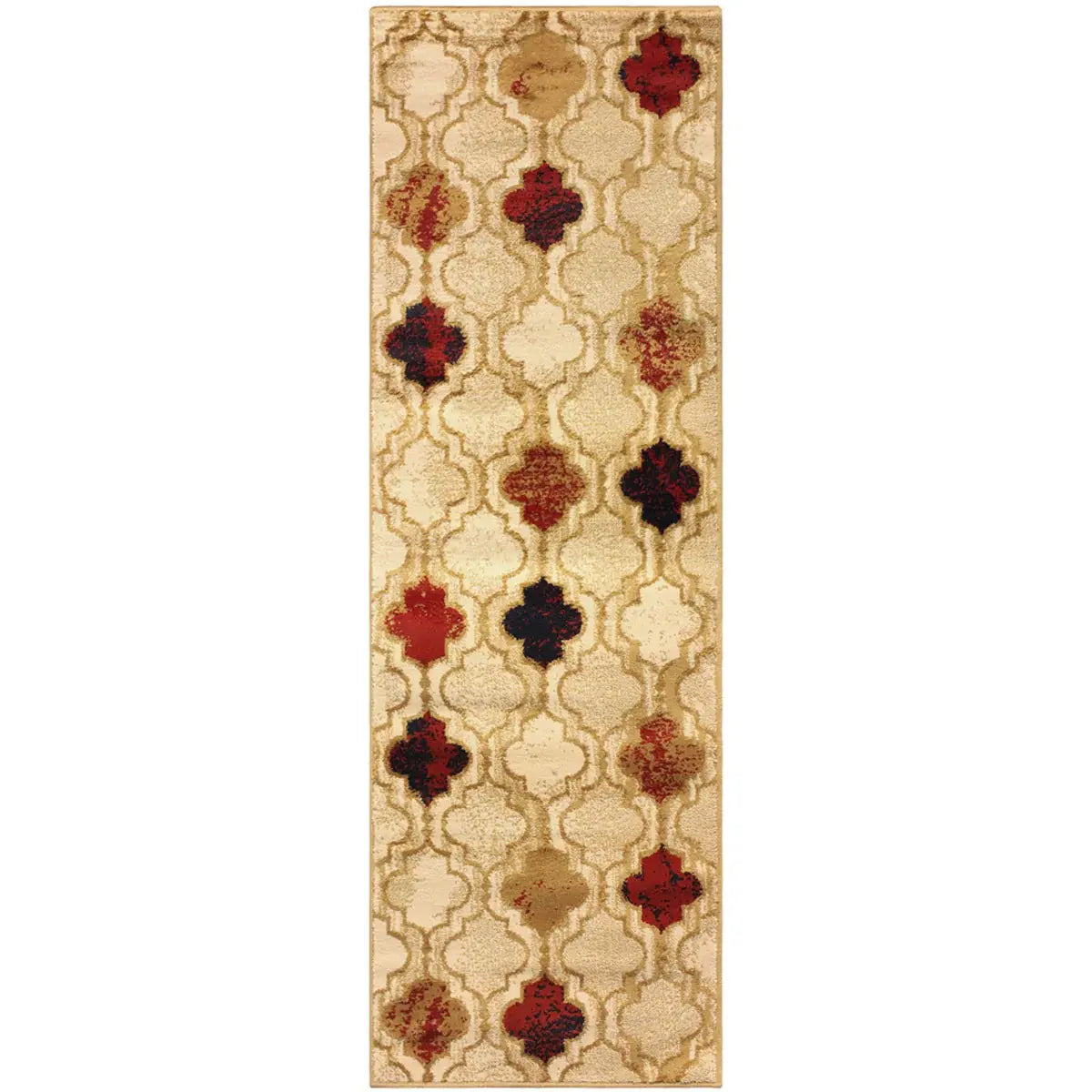 8' Beige Quatrefoil Power Loom Distressed Stain Resistant Runner Rug - Homeroots - Flyclothing LLC