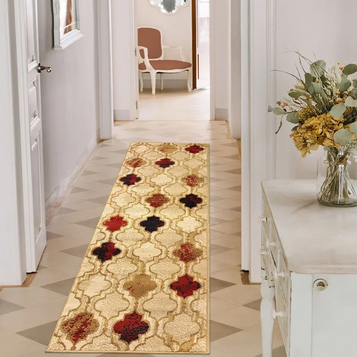 8' Beige Quatrefoil Power Loom Distressed Stain Resistant Runner Rug - Homeroots - Flyclothing LLC