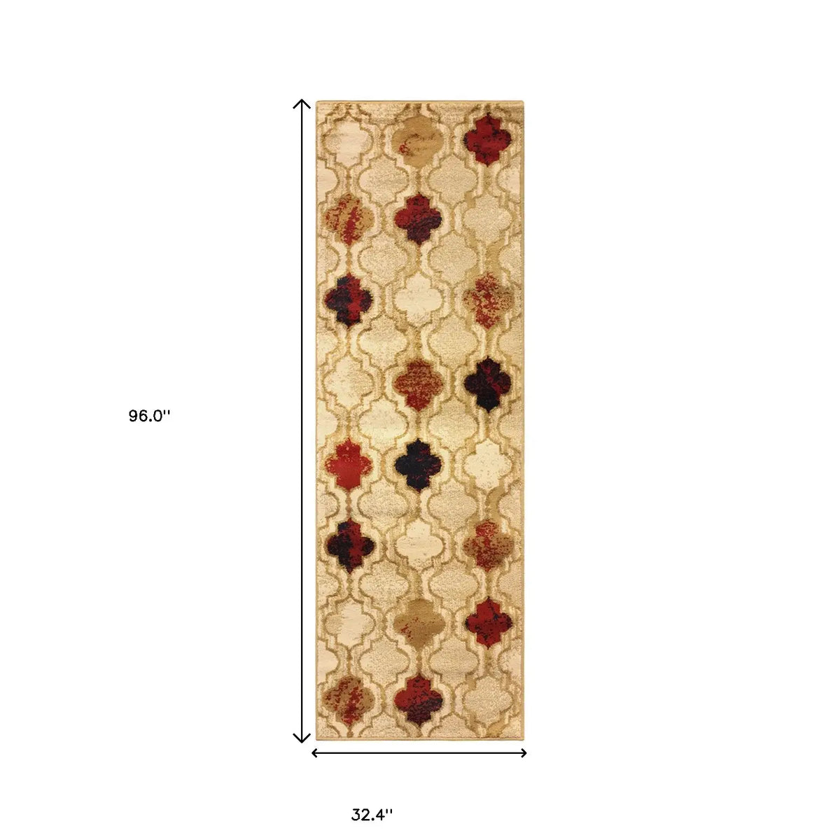 8' Beige Quatrefoil Power Loom Distressed Stain Resistant Runner Rug - Homeroots - Flyclothing LLC