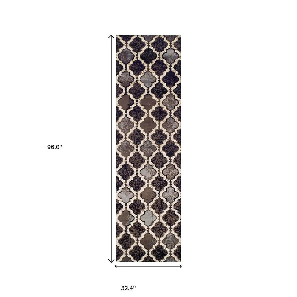 8' Chocolate Quatrefoil Power Loom Distressed Stain Resistant Runner Rug - Homeroots - Flyclothing LLC