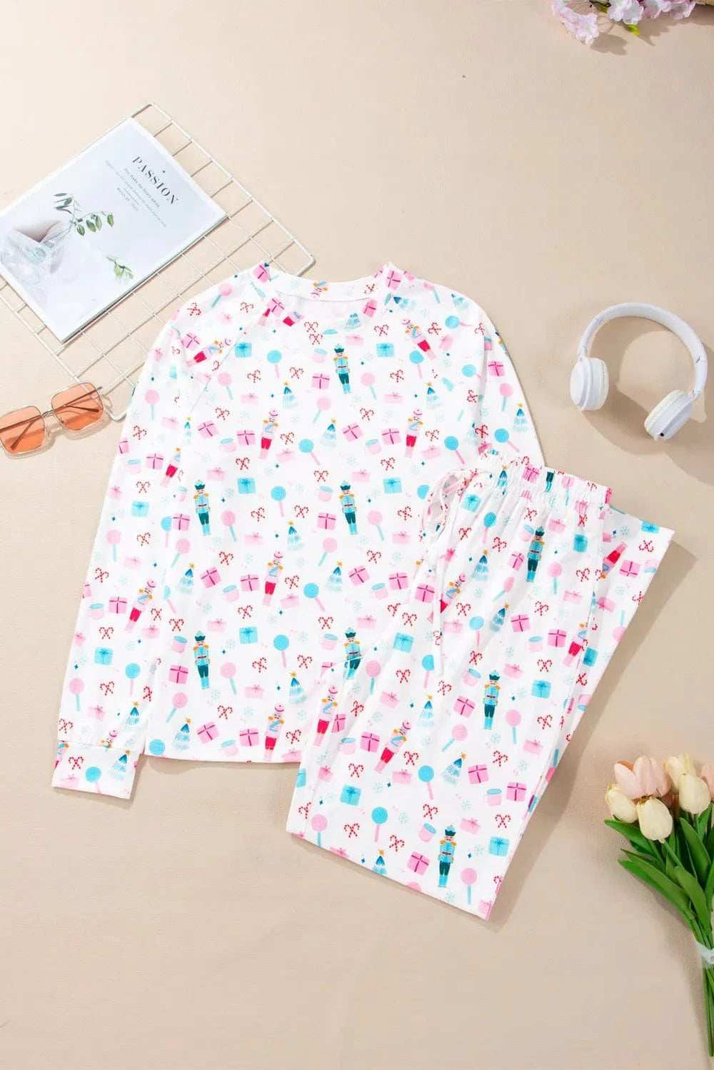 Printed Round Neck Long Sleeve Top and Pants Lounge Set - Trendsi - Flyclothing LLC