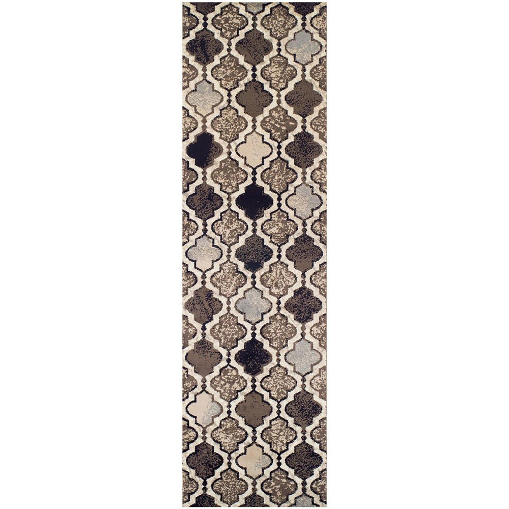 8' Ivory Quatrefoil Power Loom Distressed Stain Resistant Runner Rug - Homeroots