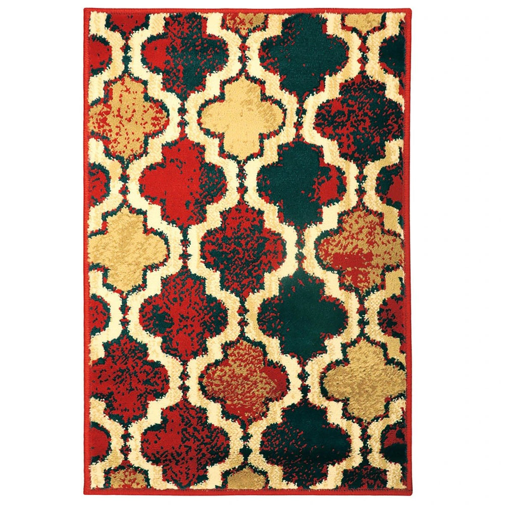 4' X 6' Red Blue Quatrefoil Power Loom Distressed Stain Resistant Area Rug - Homeroots