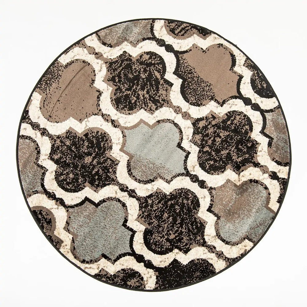 5' Round Chocolate Round Quatrefoil Power Loom Distressed Stain Resistant Area Rug - Homeroots