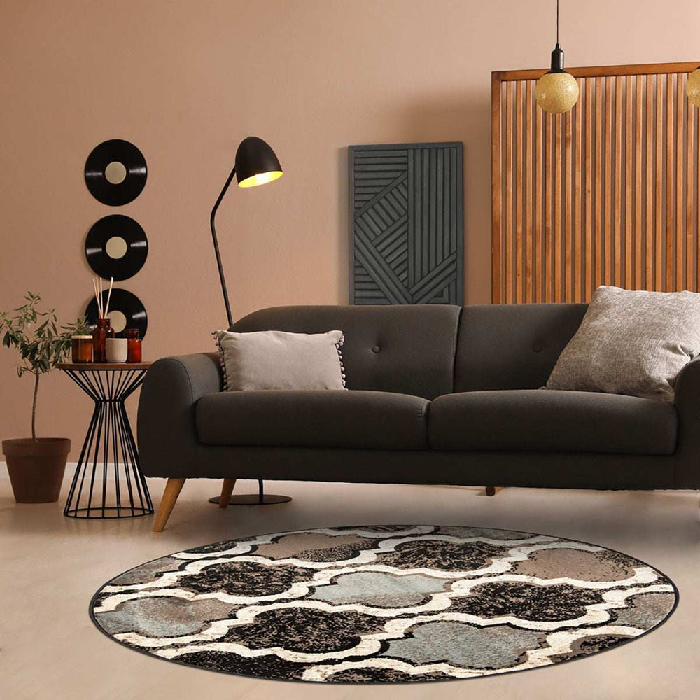 5' Round Chocolate Round Quatrefoil Power Loom Distressed Stain Resistant Area Rug - Homeroots - Flyclothing LLC