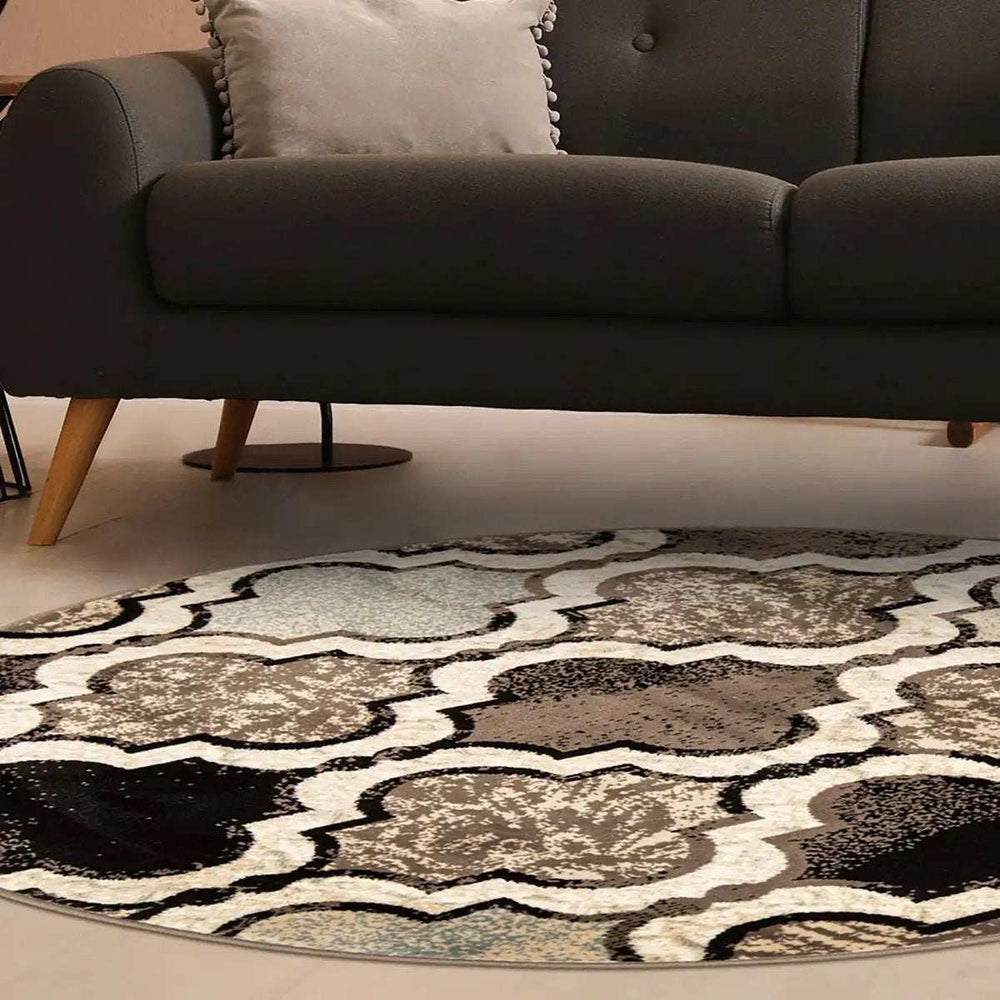 5' Round Ivory Round Quatrefoil Power Loom Distressed Stain Resistant Area Rug - Homeroots - Flyclothing LLC