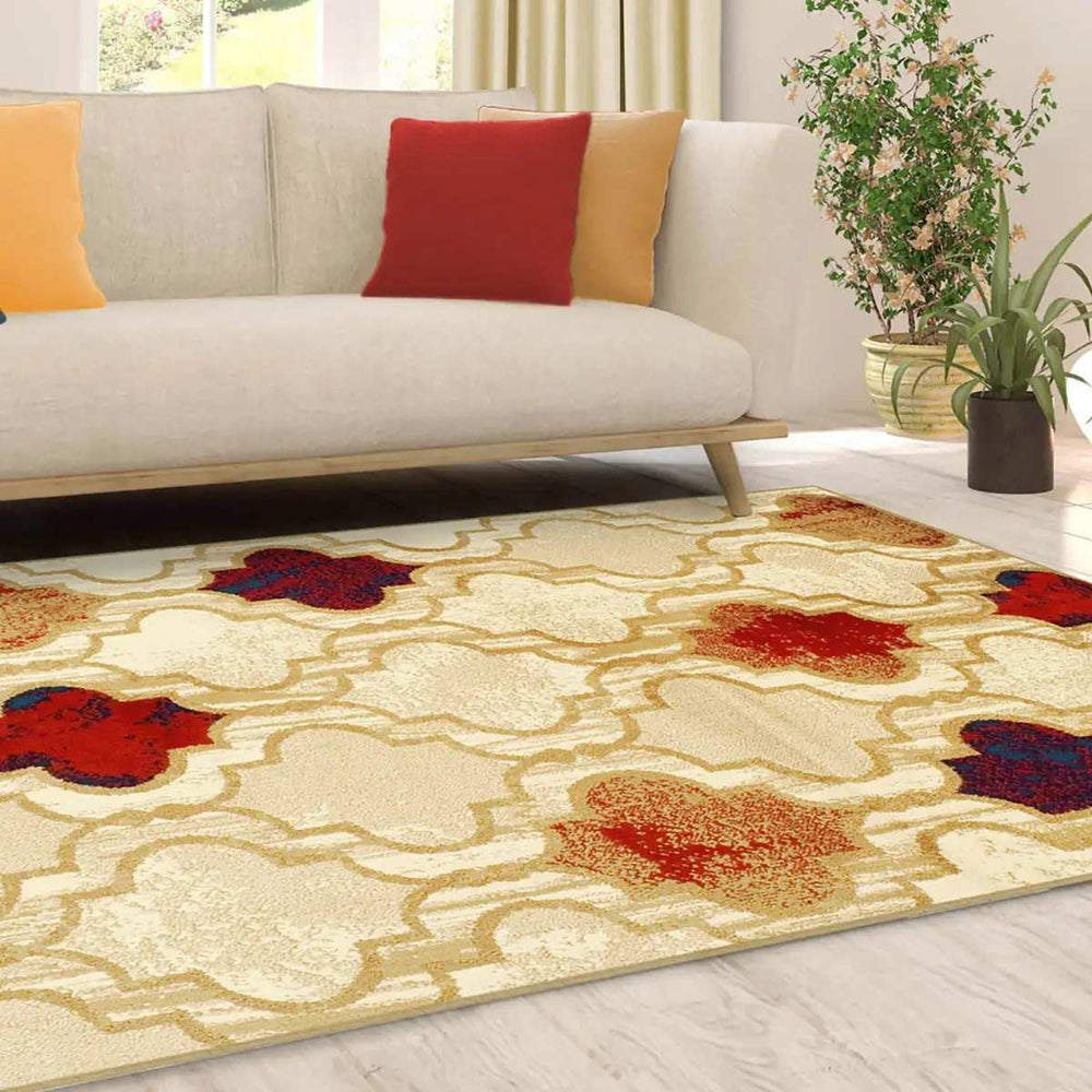 5' X 8' Beige Quatrefoil Power Loom Distressed Stain Resistant Area Rug - Homeroots - Flyclothing LLC