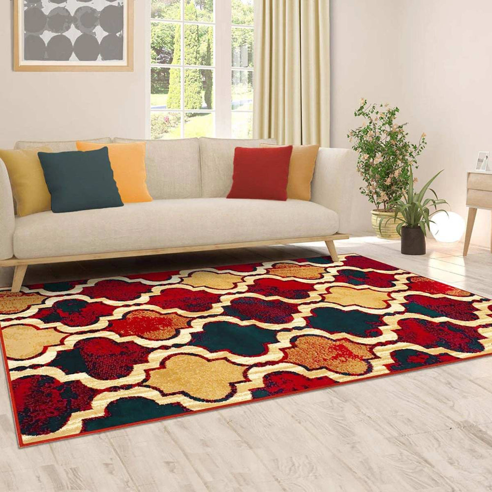 5' X 8' Red Blue Quatrefoil Power Loom Distressed Stain Resistant Area Rug - Homeroots - Flyclothing LLC