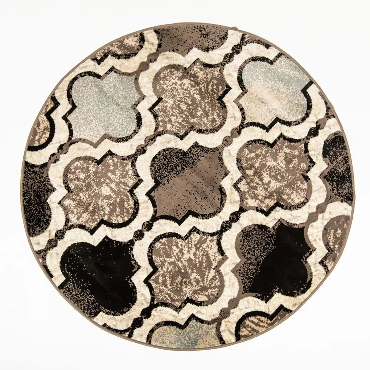 8' Round Ivory Round Quatrefoil Power Loom Distressed Stain Resistant Area Rug - Homeroots - Flyclothing LLC