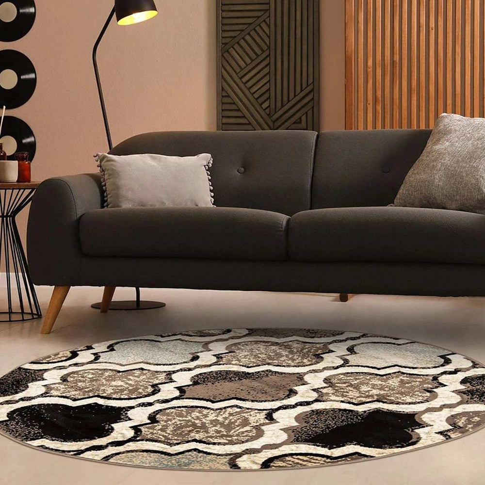 8' Round Ivory Round Quatrefoil Power Loom Distressed Stain Resistant Area Rug - Homeroots - Flyclothing LLC
