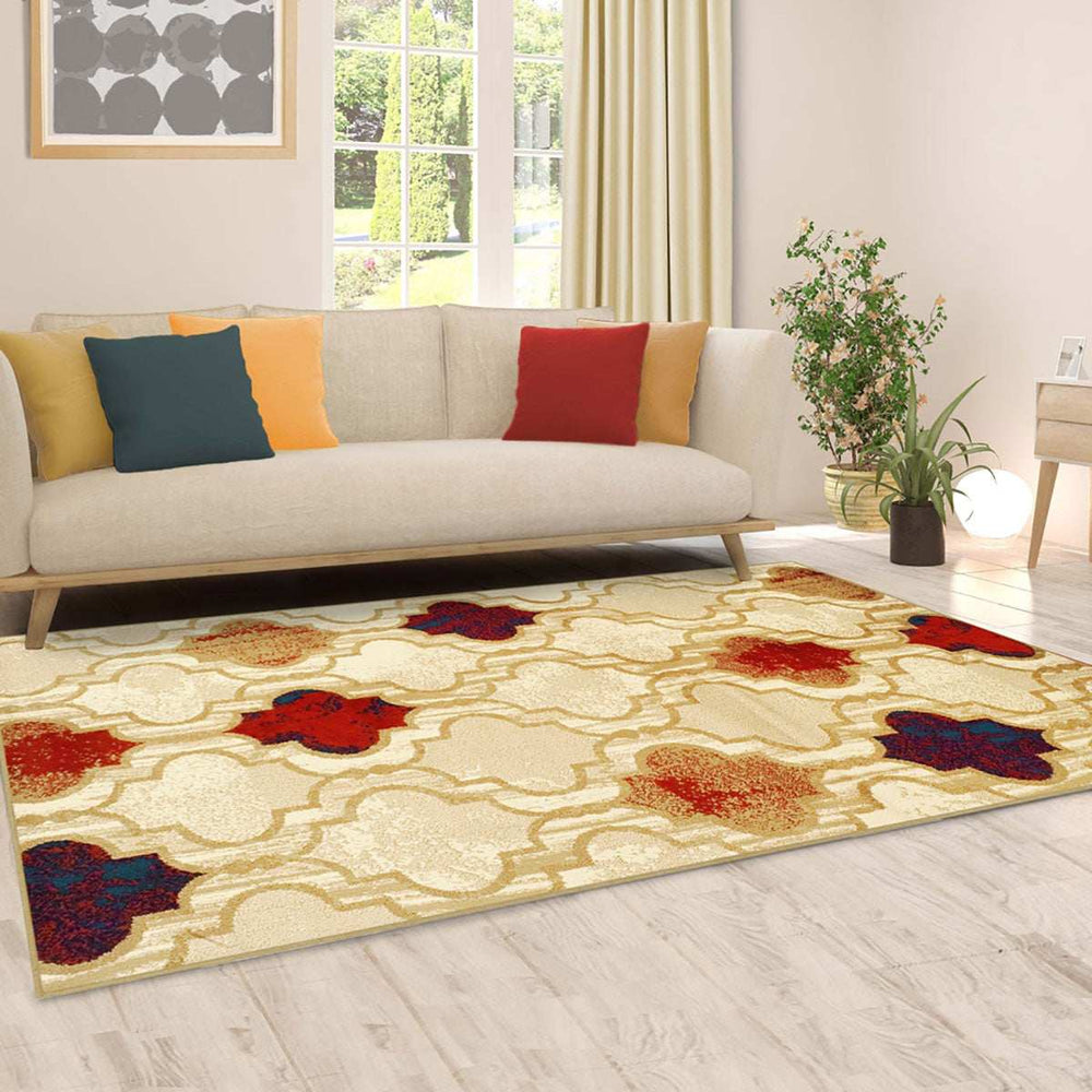 8' X 10' Beige Quatrefoil Power Loom Distressed Stain Resistant Area Rug - Homeroots - Flyclothing LLC