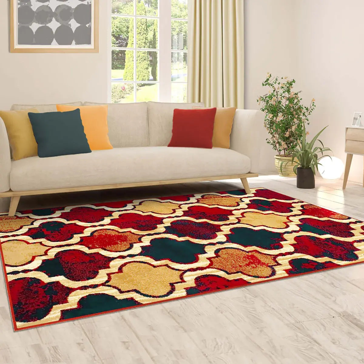 8' X 10' Red Blue Quatrefoil Power Loom Distressed Stain Resistant Area Rug - Homeroots - Flyclothing LLC