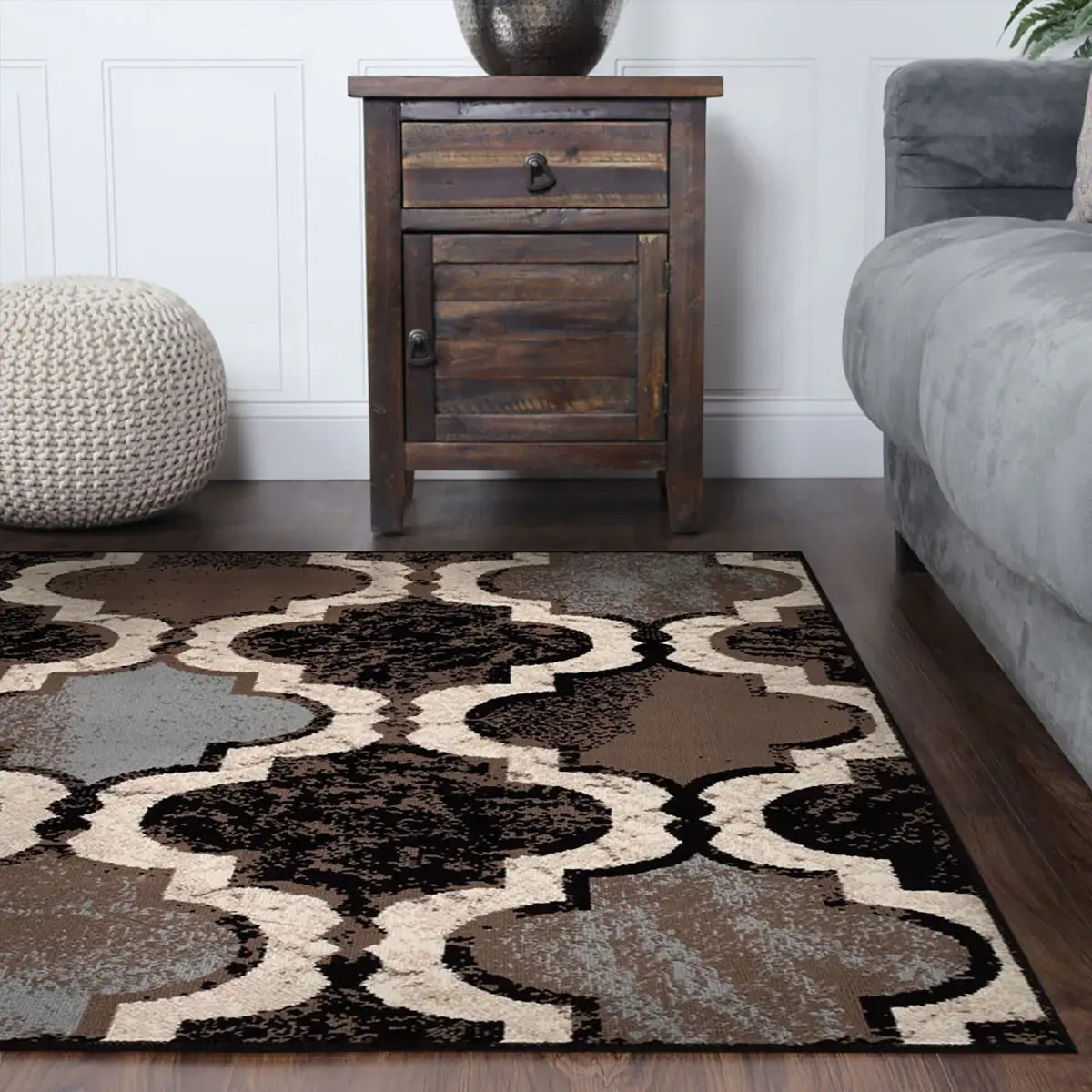 8' Square Chocolate Square Quatrefoil Power Loom Distressed Stain Resistant Area Rug - Homeroots - Flyclothing LLC
