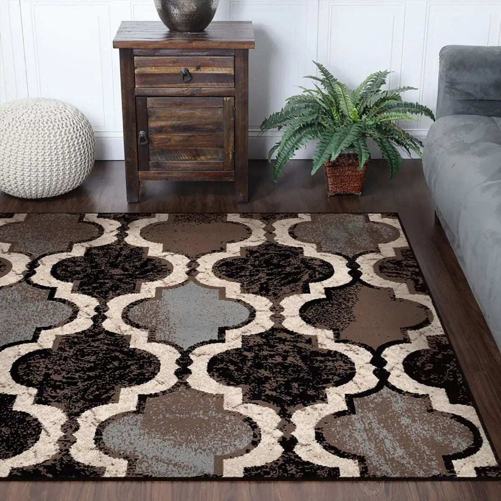 8' Square Chocolate Square Quatrefoil Power Loom Distressed Stain Resistant Area Rug - Homeroots - Flyclothing LLC