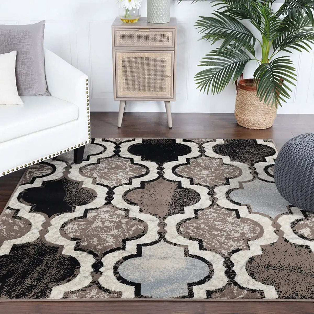 8' Square Ivory Square Quatrefoil Power Loom Distressed Stain Resistant Area Rug - Homeroots - Flyclothing LLC