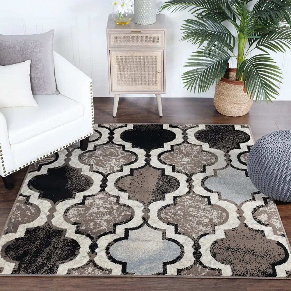 8' Square Ivory Square Quatrefoil Power Loom Distressed Stain Resistant Area Rug - Homeroots - Flyclothing LLC