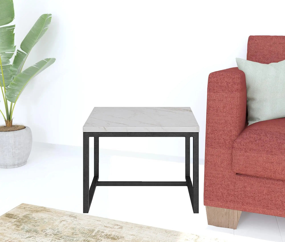 15" Black And White Stone And Metal Square End Table - Homeroots