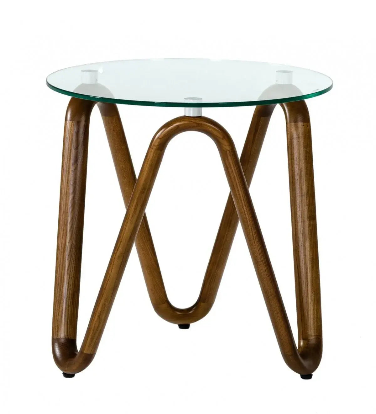 20" Walnut And Clear Glass Solid Wood Ribbon Base Round End Table - Homeroots - Flyclothing LLC
