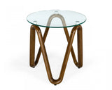 20" Walnut And Clear Glass  Solid Wood Ribbon Base Round End Table - Homeroots